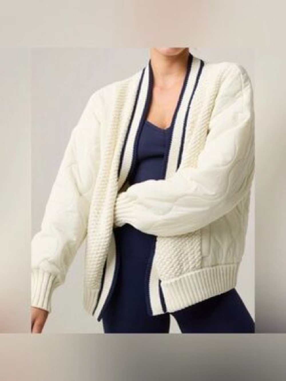 aerie Cream Cable-Knit Cardigan with Navy Trim NWOT